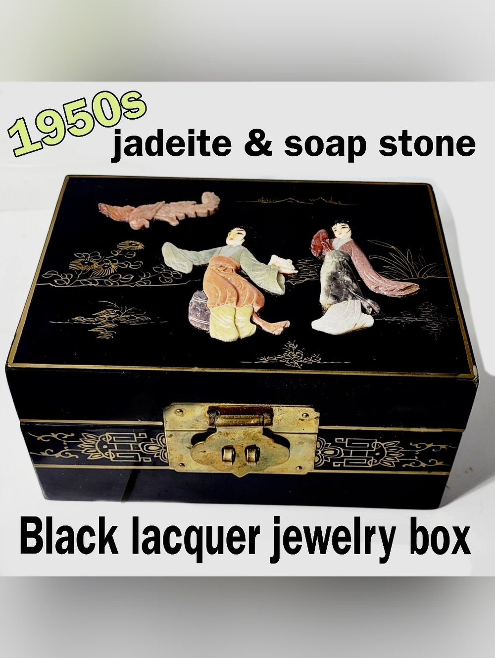 Vintage Black Lacquer Jadeite & Inlay Jewelry Box W/ Brass & Silk